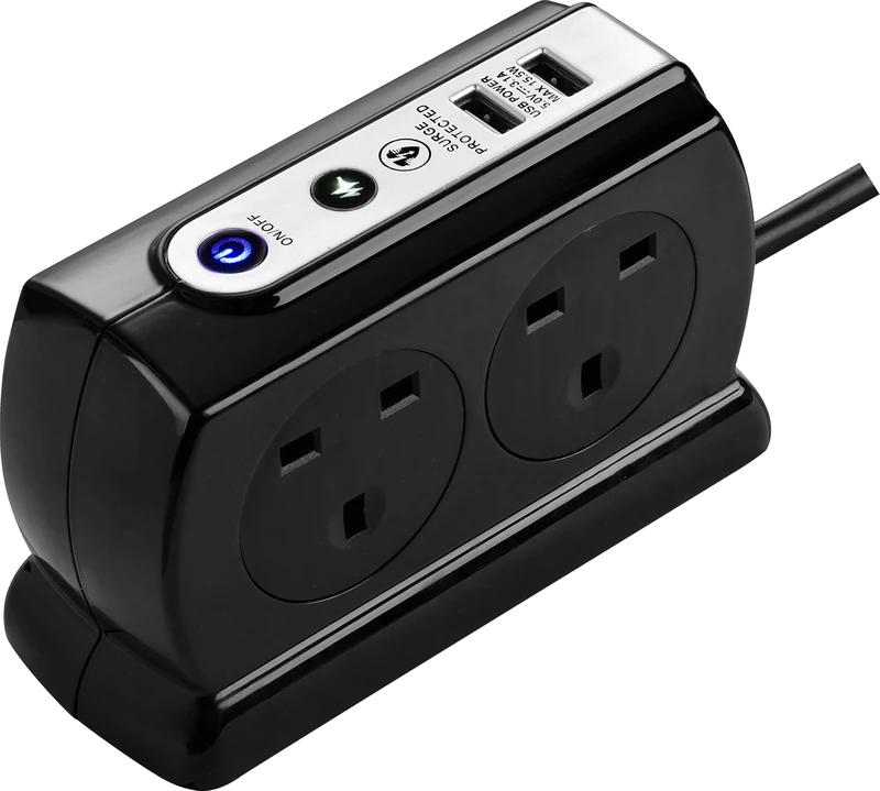 Masterplug Heavy Duty Four Socket Surge Protected Extension Lead with 2 USB Ports, 1 Metre, Black - Image 1