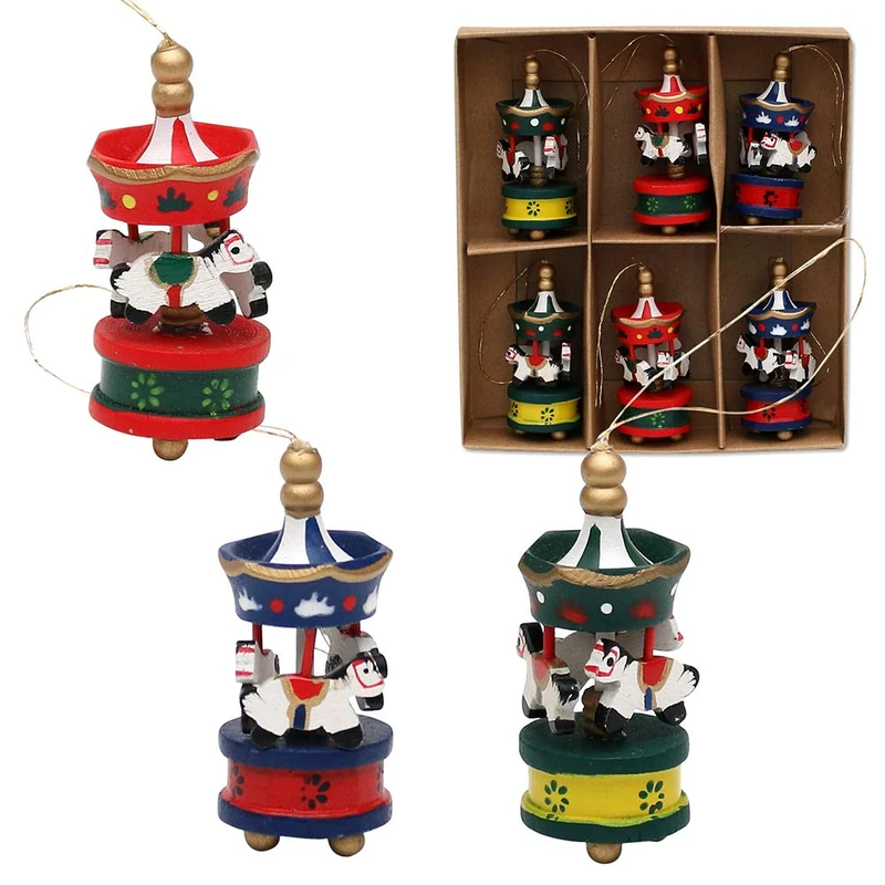 Dekohelden24 Wooden Tree Decorations Set of 6 Carousel Design Approx. 6 cm