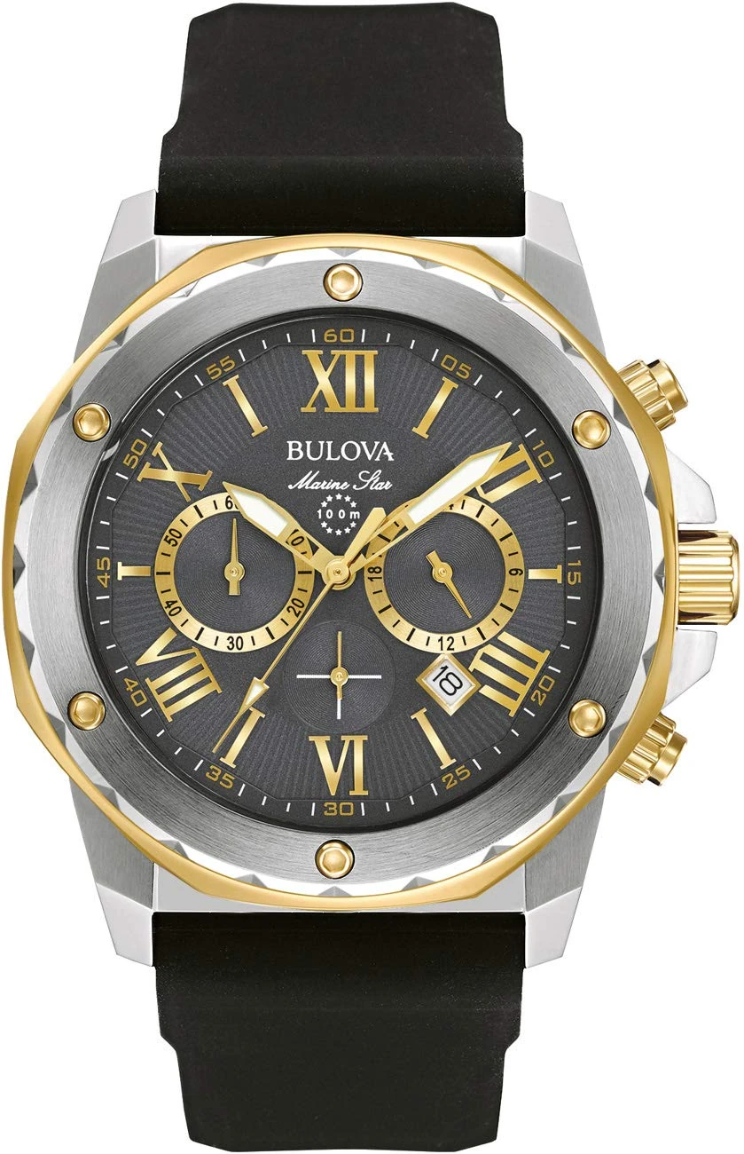 Bulova Men's Designer Chronograph Watch Rubber Strap - Water Resistant Stainless Steel W/ Gold Marine Star 98B277