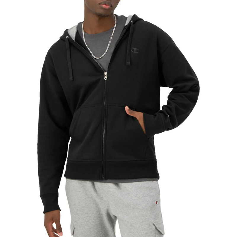 Champion Men's Powerblend Full-Zip Hoodie Warm Up or Track Jacket, Black, Medium