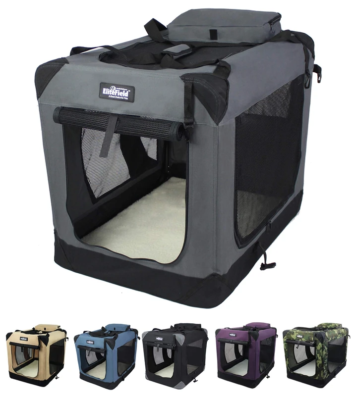 EliteField Folding Soft Dog Crate 3-Door Pet Crate with Carry Bag and Fleece Bed (50.8 cm L x 35.6 cm W x 35.6 cm H, Grey)