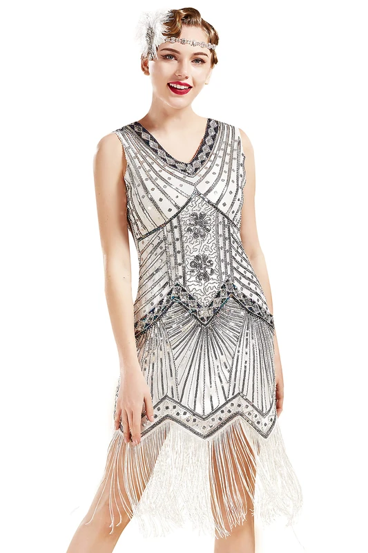 Babeyond Women’s Flapper Dress Full Sequins Retro 1920s Great Gatsby Style, V-Neck, Party Women's Dress Costume - Silver -