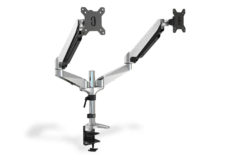 DIGITUS monitor mount - Clamp & gas spring - 2 monitors - Up to 27 inch - Up to 2x 8 kg - VESA 75 & 100 - Silver