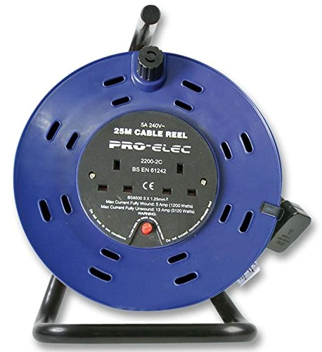 PRO ELEC 2 Gang Mains Extension Cable Reel, 25m – 5A, Blue
