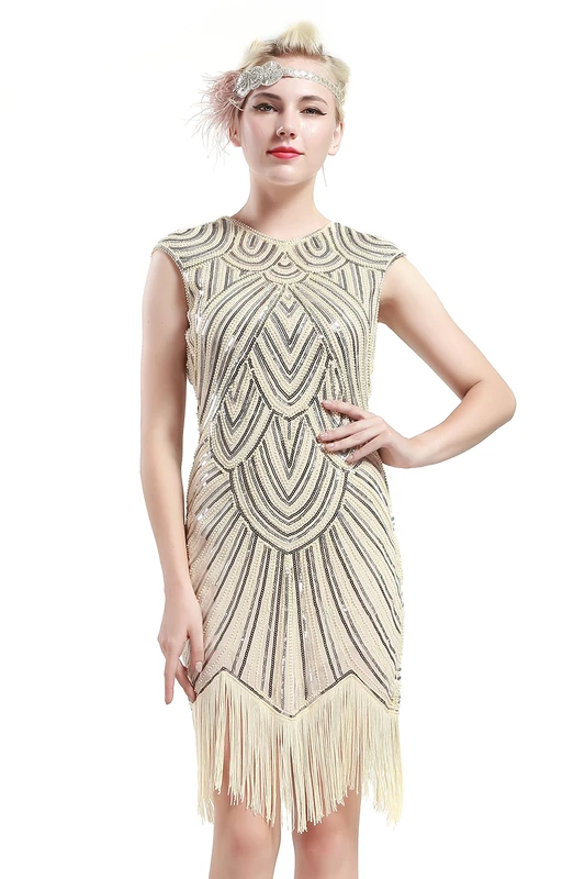 Babeyond Ladies’ Retro 1920s-style Flapper Dress - Fully Sequined, Round-Necked, Great Gatsby Themed Party Dress - Ladies’ Costume Dress - Beige - S - Image 1