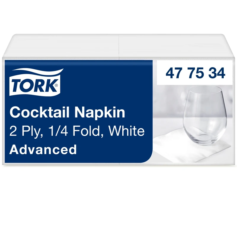 Tork 477534 White Cocktail Napkin / 2 Ply Advanced, Unprinted Serviette in White / 12 x 200 Sheets (WxL: 11.9cm x 12cm)