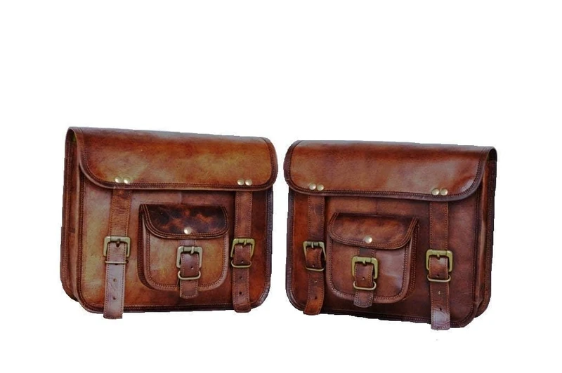 PRASTARA Motorcycle Side Pouch Brown Leather Side Pouch Saddlebags Saddle Panniers 2Bag - Image 1