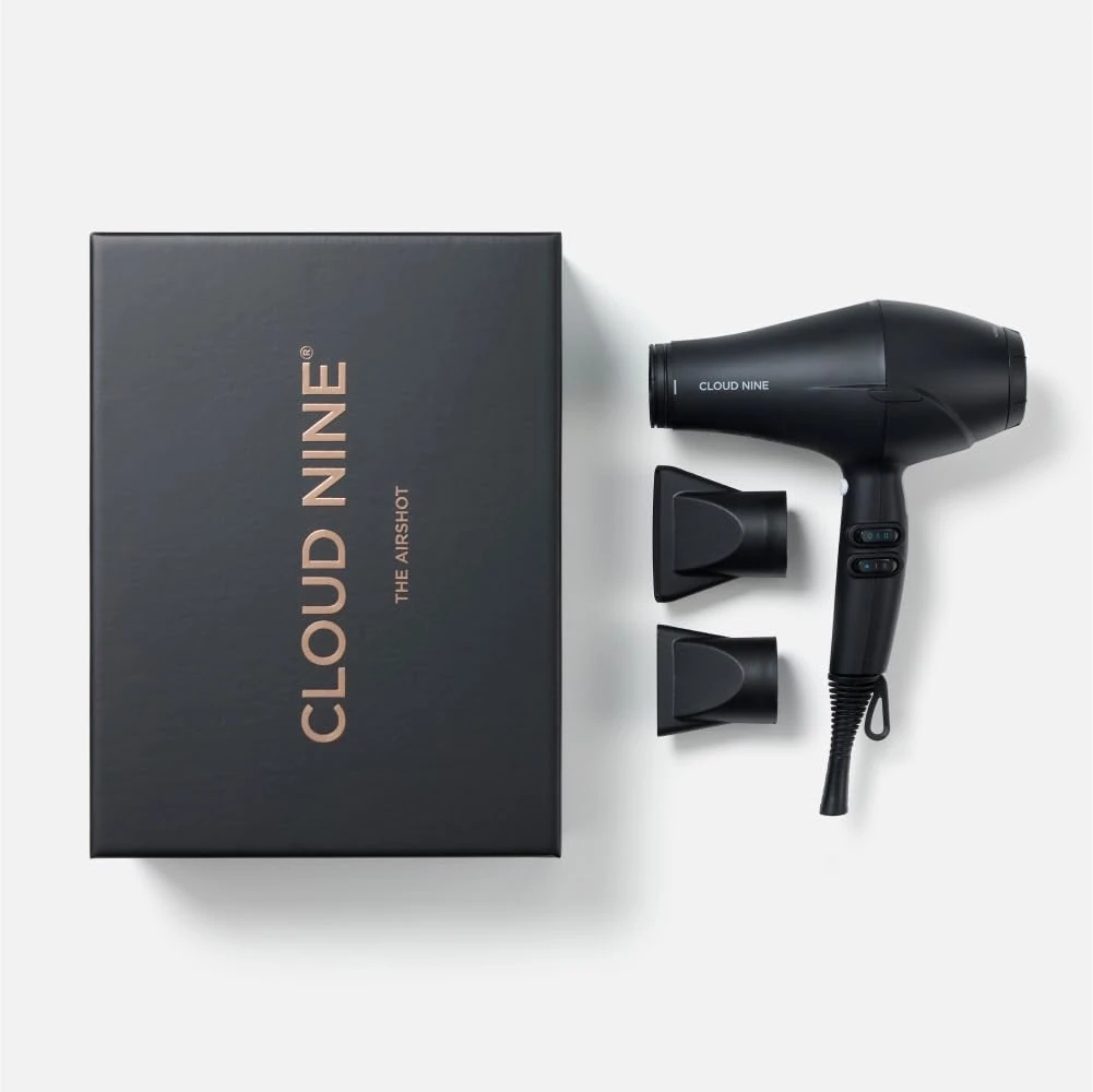 CLOUD NINE The Airshot Hair Dryer | Fast Compact 2000w All Hair Types | Variable Temperature Control Low Mid High | Two Nozzles Included | Anti Static Technology Super Compact Powerful (Black)