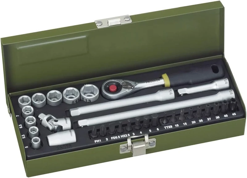 PROXXON 23078 Precision Mechanics Set with Micro Compact Ratchet 6.3 mm (1/4 Inch) and Strong Magnetic Insert 32-Piece Tool Set with Steel Box