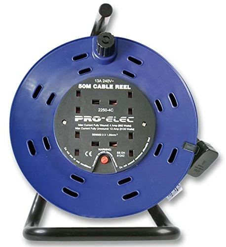 PRO ELEC 50m 4 Gang Mains Extension Cable Reel – Heavy-Duty Metal Frame, 13A, UK Type G Plug – PELB1600