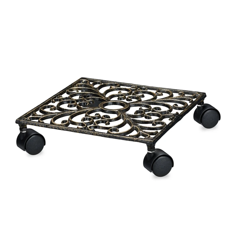 Relaxdays Plant Caddy Cast Iron Square Plant Pot 27.5 x 27.5 cm Trolley Metal Mover with Wheels, Metal Plant Dolly in Art Nouveau Style w/ 4 Wheels, Sturdy and Weather-Proof, Bronze