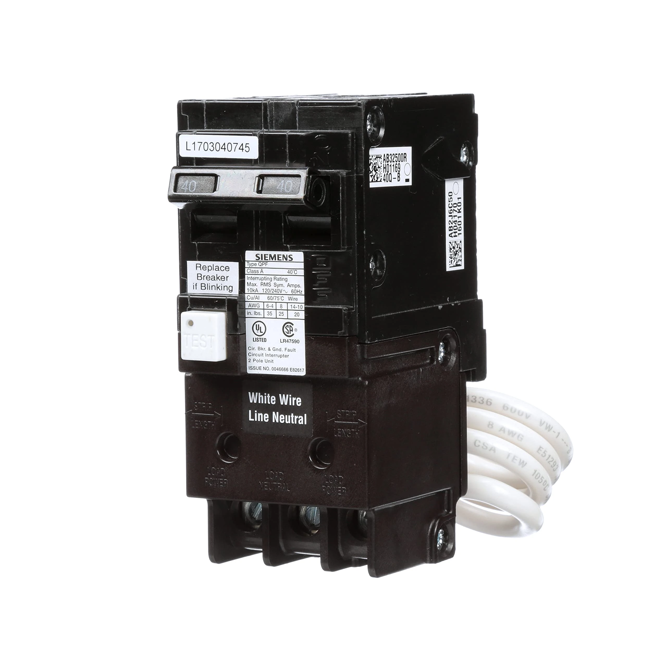 Siemens QF240A Ground Fault Circuit Interrupter, 40 Amp, 2 Pole, 120V, 10,000 Aic,