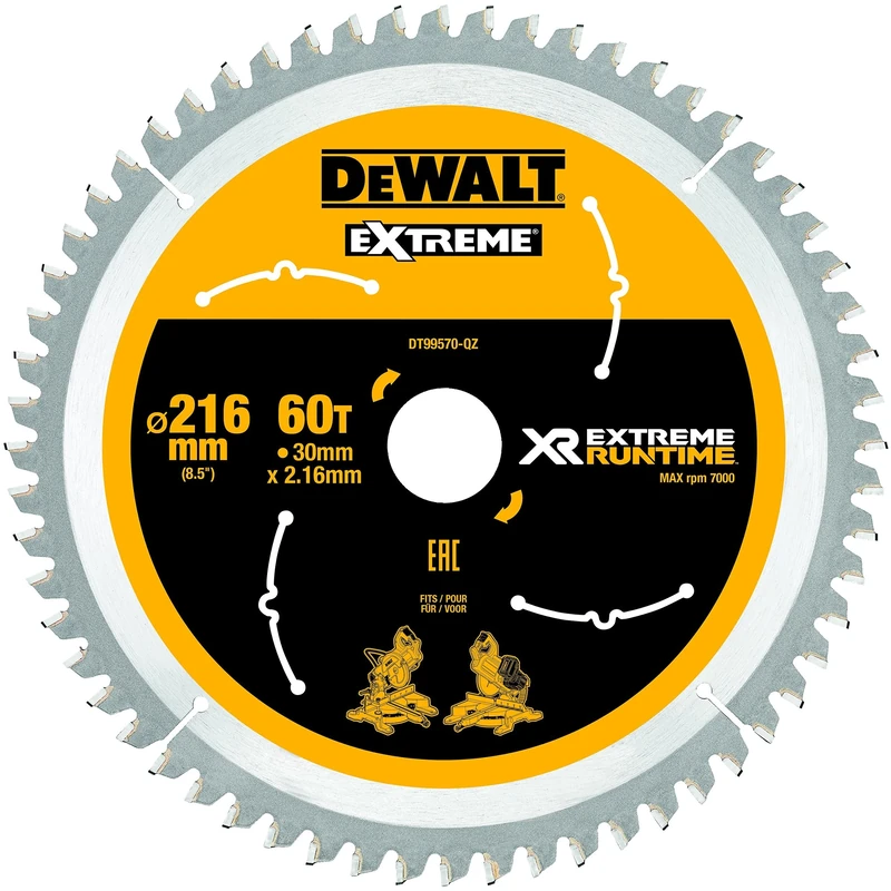 DEWALT DT99570 216 x 30 mm x 60T XR Extreme Runtime Mitre Saw Blade - Yellow/Black