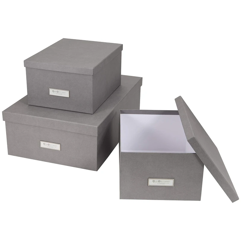 Bigso Box of Sweden Set of 3 Storage Boxes with Lids - Organiser Box For Clothes, Office Equipment and More - Wardrobe Storage Boxes with Labels for Bedding or Seasonal Clothing - Grey