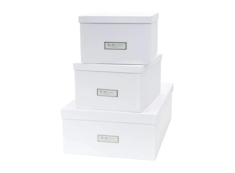 Bigso Box of Sweden Set of 3 Storage Boxes with Lids - Organiser Box For Clothes, Office Equipment and More - Wardrobe Storage Boxes with Labels for Bedding or Seasonal Clothing - White