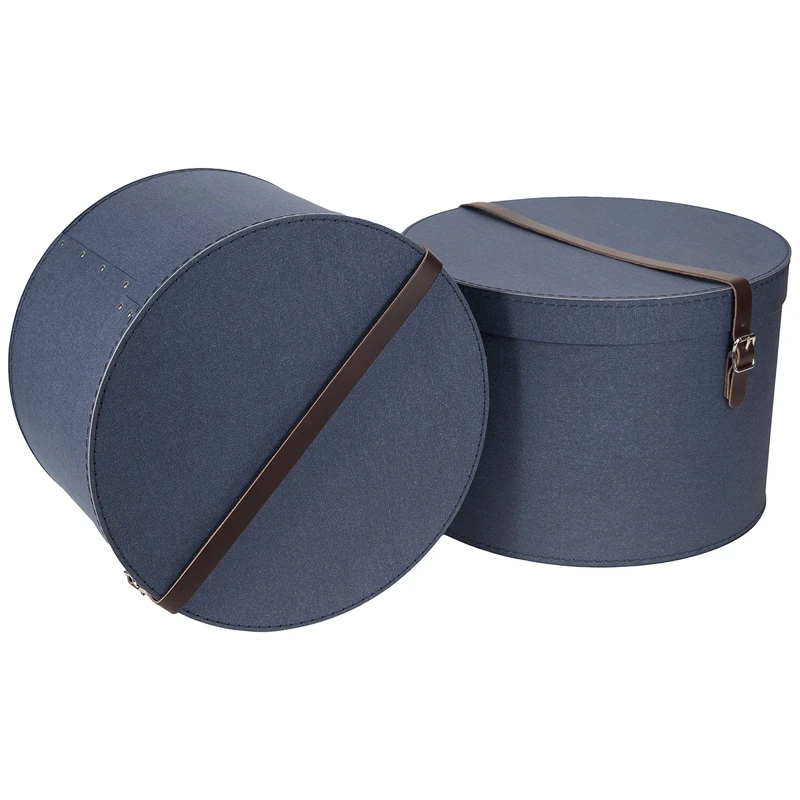 Bigso Box of Sweden Set of 2 Storage Boxes - Round Storage Box with Leather Straps - Large and Small Hat Box Duo Made of Fibreboard and Paper in Linen Look - Blue