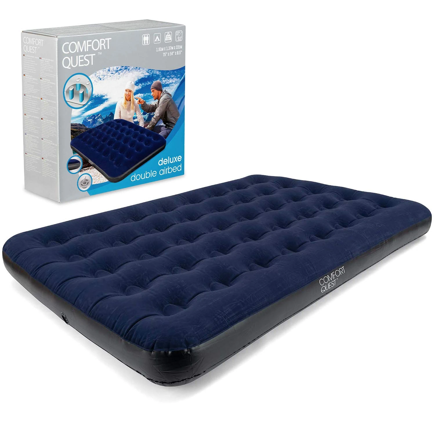 Comfort Quest Double Airbed, Inflatable Guest Air Bed, Blow Up Camping Mattress, Flocked Surface, Coil Beam Construction, L191cm x W137cm x D22cm, Max Weight 295kg
