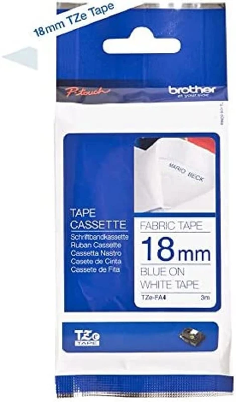 Brother TZe-FA4 Labelling Tape Cassettes, Blue on White, 18mm (W) x 3M (L), Fabric Tape, Brother Genuine Supplies
