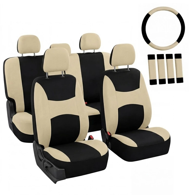 FH Group Automotive Seat Covers Beige Black Universal Fit Seat Cover Combo Set with Steering Wheel Cover and Seat Belt Pad (Airbag Compatible and Split Bench)