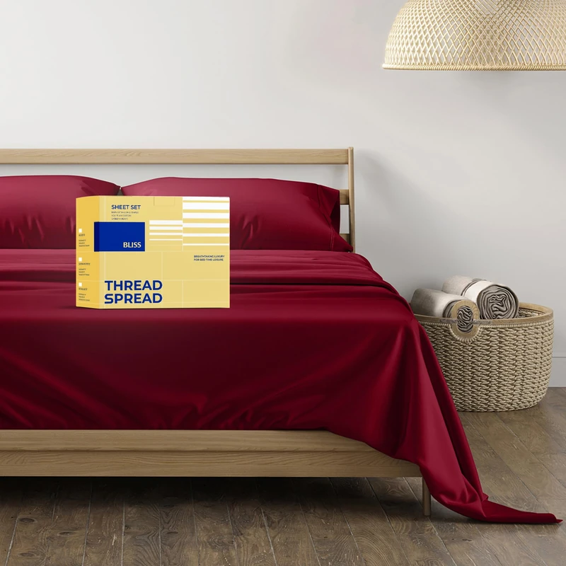 THREAD SPREAD 100% Egyptian Cotton Sheets Set California King Size - 600 Series Bliss Collection Luxury Sheet Cal King Size (4 PC, Burgundy), Soft, Hotel Bed Sheets, Fits Mattress Upto 18"