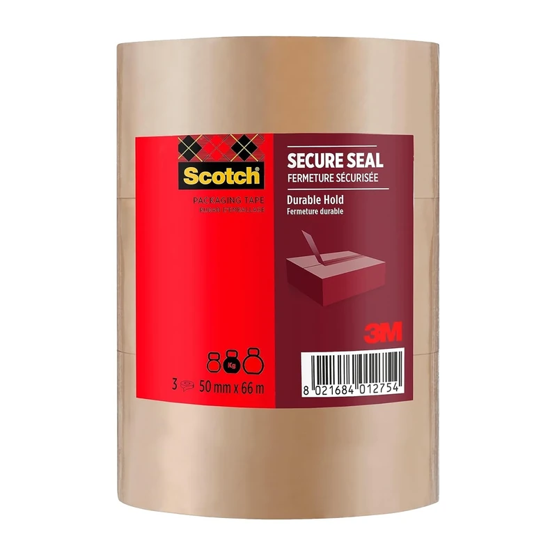 Scotch Secure Seal Packaging Tape Brown 50 mm x 66 m 3 Rolls/Pack - Ideal for Packing Boxes and Parcels