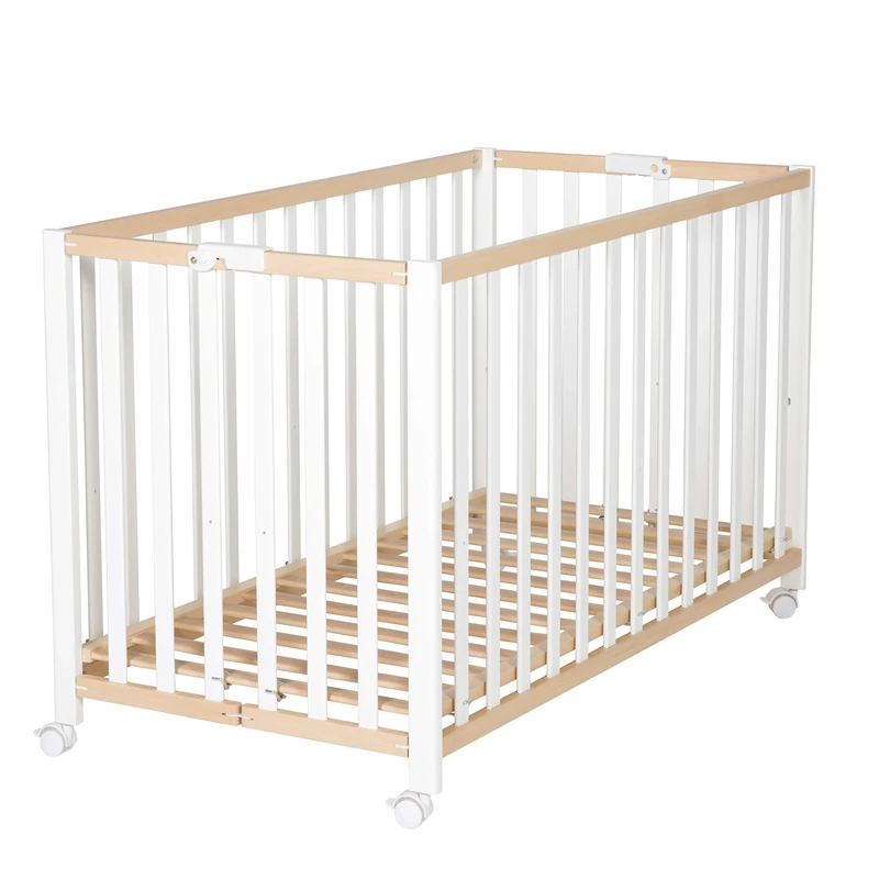 roba Wooden Foldable Cot 60 x 120 cm - Height Adjustable Baby Bed - Wheels With Brakes Included - Bicolour