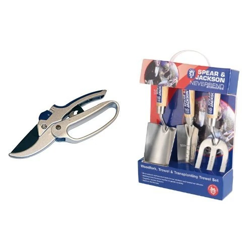 Spear & Jackson 6758GS Razorsharp Geared Anvil Secateurs & Spear & Jackson Neverbend Stainless Hand Tool Gift Set Set