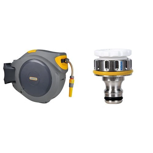 Hozelock Auto Rewind 40 m Hose Reel with Connectors and Fittings - Colour May Vary & Hozelock Metal Threaded Connector Pro 3/4 inch for Taps Set