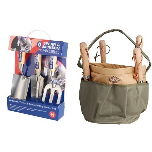 Spear & Jackson Neverbend Stainless Hand Tool Gift Set & Esschert Design GT05 28 x 28 x 26cm Textile Garden Tools Bag - Green Set