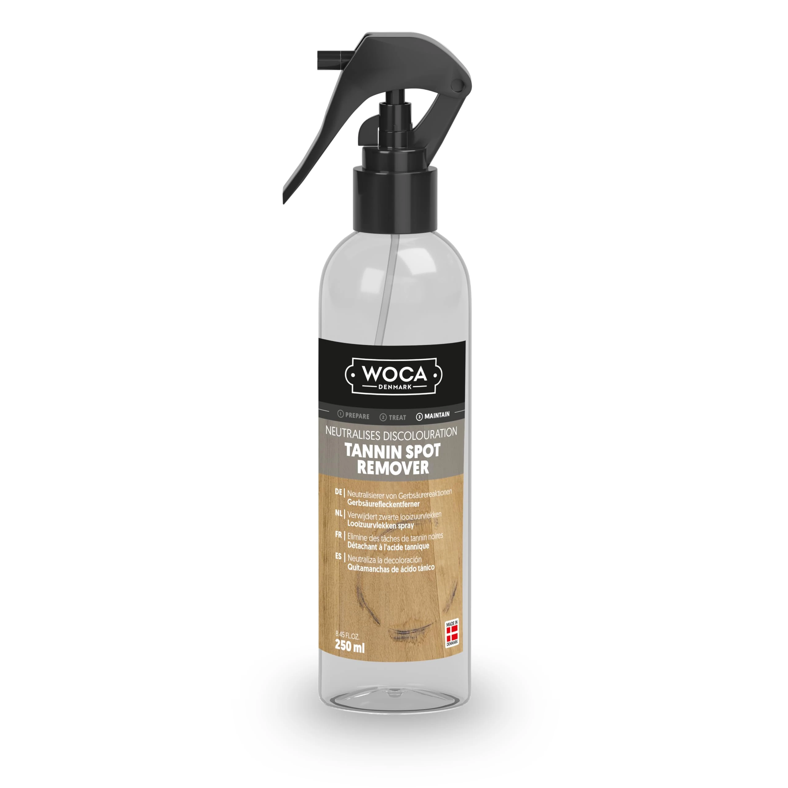 WOCA Denmark Tannin Spot Remover – Neutralizes Black Water Stains on Oak & Wood | Water-Based | Indoor/Outdoor Use | Ready-to-Use Spot Cleaner for Acid/Tannin Marks- 0.25L Spray