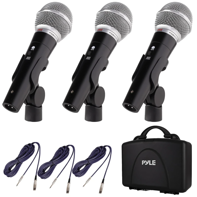 Pyle 3 Piece Professional Dynamic Microphone Kit Cardioid Unidirectional Vocal Handheld MIC with Hard Carry Case & Bag, Holder/Clip & 26ft XLR Audio Cable to 1/4'' Audio Connection (PDMICKT34)