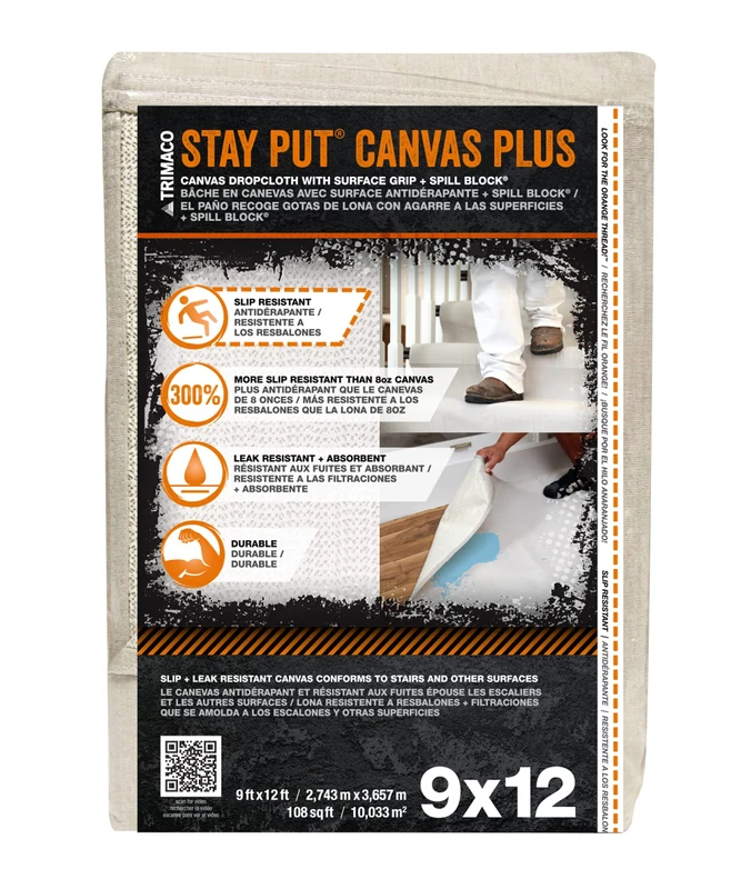 Trimaco 04321 Slip Resistant Dropcloth Stay Put Canvas Plus Drop Cloth, Beige, 9-feet x 12-feet