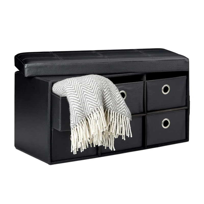 Relaxdays Folding Storage Ottoman Foldaway Seat with 6 Removable Compartments, 38 x 76 x 38 cm, Faux Leather Foldable Blanket Toy Storage Box Seat Bench Pouffe Stool, Black