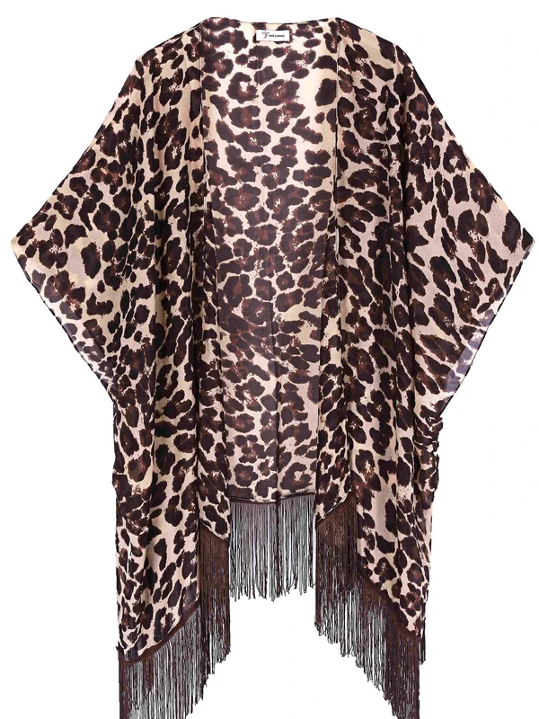 Women's Floral Kimono Cover Up - Lightweight Leopard Chiffon Beachwear for Bikini,Cardigan and Swimwear(Brown)