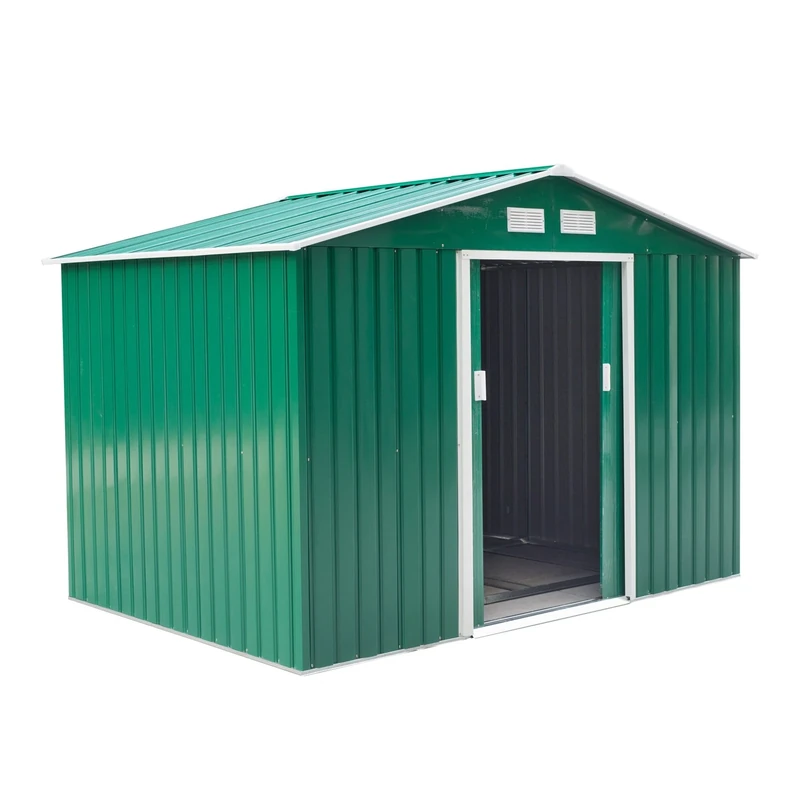 Outsunny Lockable Garden Shed Large Patio Roofed Tool Metal Storage Building Foundation Sheds Box Outdoor Furniture (6 x 6FT, Deep green)