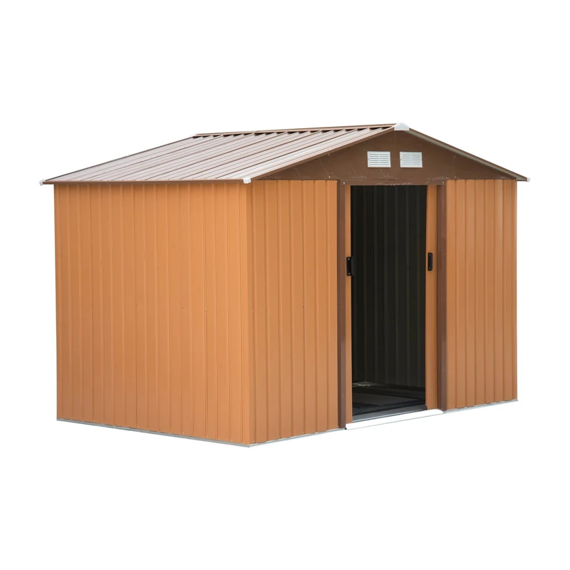 Outsunny Lockable Garden Shed Large Patio Roofed Tool Metal Storage Building Foundation Sheds Box Outdoor Furniture (6 x 6FT, khaki)