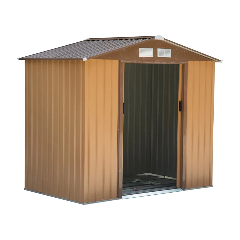 Outsunny Lockable Garden Shed Large Patio Roofed Tool Metal Storage Building Foundation Sheds Box Outdoor Furniture (4 x 6FT, khaki)