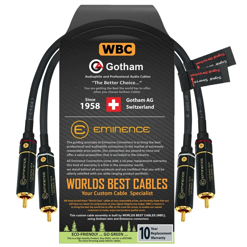 1.5 Foot RCA Cable Pair - Gotham GAC-4/1 (Black) Star-Quad, Audio Interconnect Cable with Premium Gold plated Locking RCA Connectors - Directional - CUSTOM MADE By WORLDS BEST CABLES.
