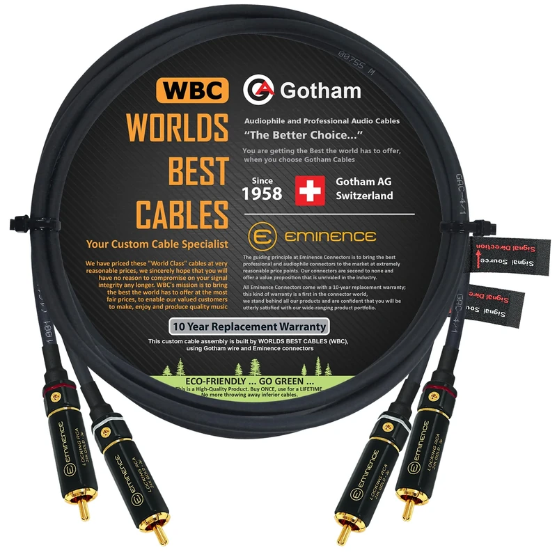 WORLDS BEST CABLES 5 Foot RCA Cable Pair - Gotham GAC-4/1 (Black) Star-Quad, Audio Interconnect Cable with Premium Gold Plated Locking RCA Connectors - Directional - Custom Made
