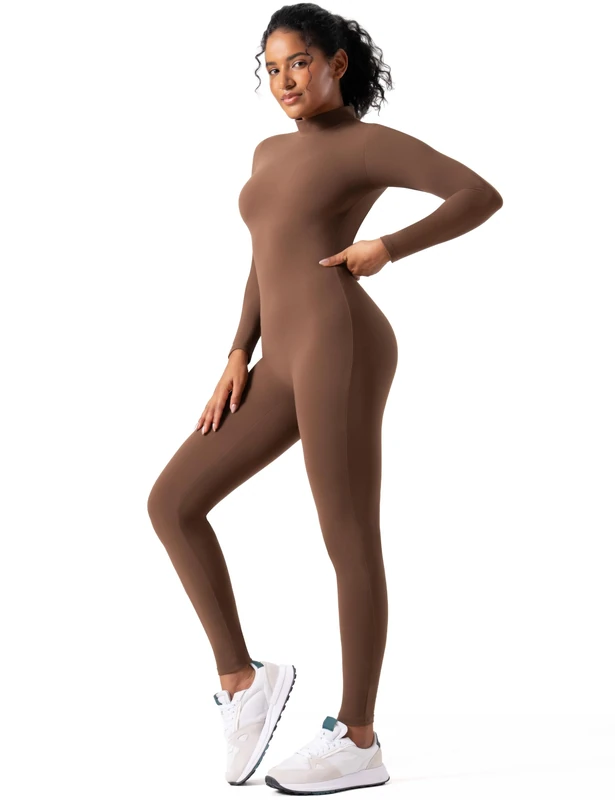 speerise Women's High Neck Zip One Piece Unitard Full Body Leotard, M, Medium Brown