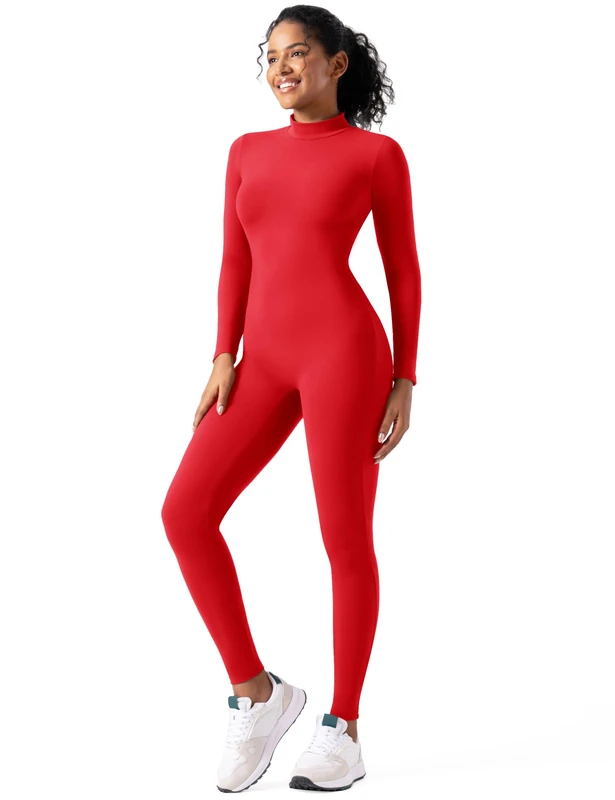 speerise Women's High Neck Zip One Piece Unitard Full Body Leotard, M, Medium Red