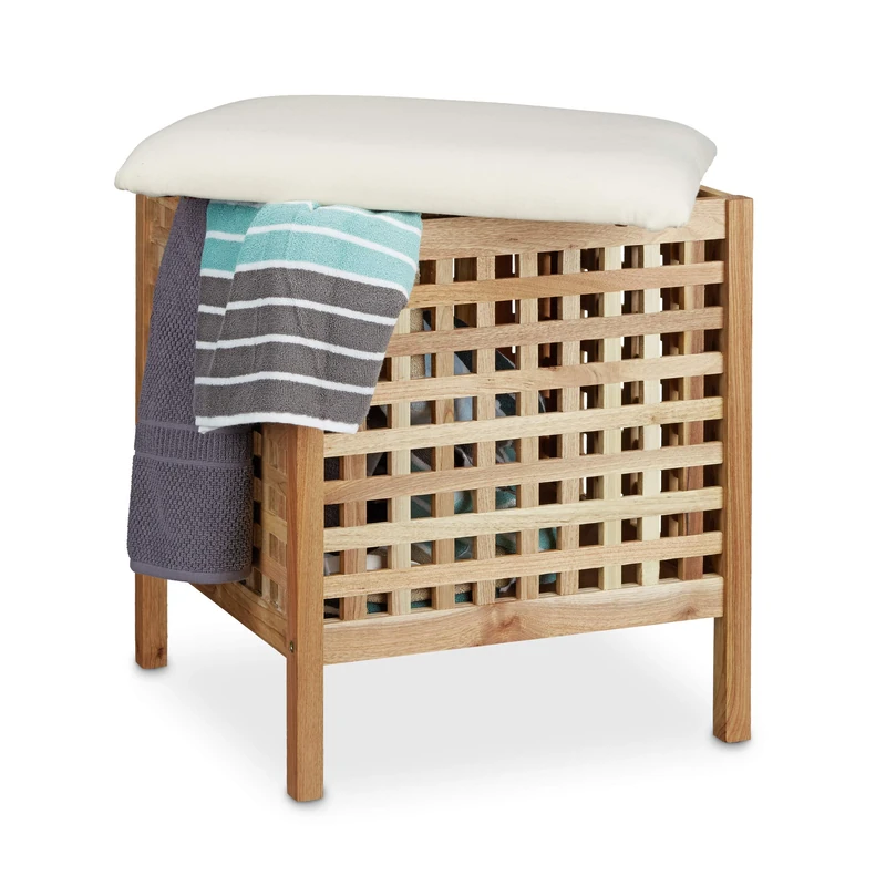 Relaxdays Walnut Storage Seat with Hamper, 52 x 49 x 49 cm, Bathroom Ottoman with Cushion and 52 L Hamper, Footstool Ottoman Seat Chair with Storage Room, of Sturdy Walnut Wood, Light Brown & White