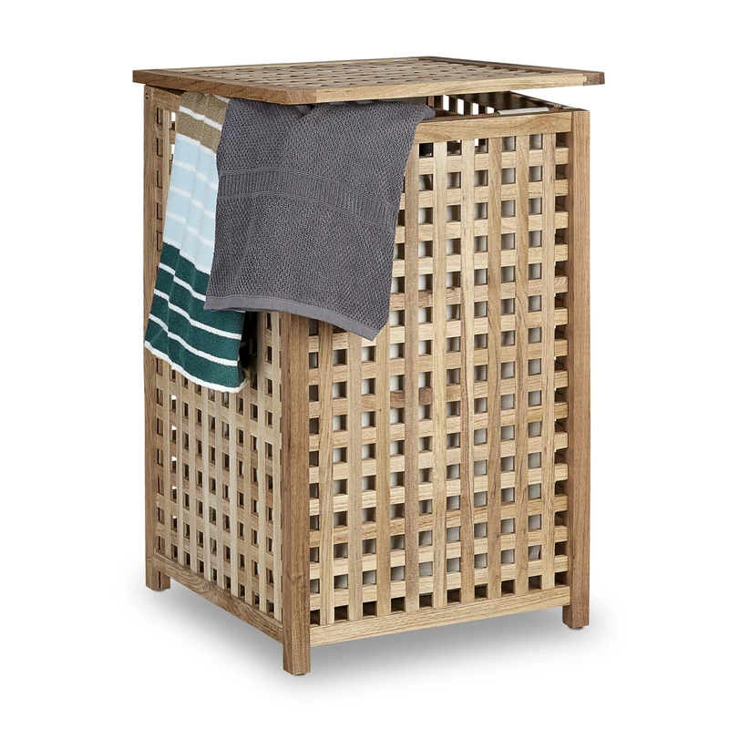 Relaxdays Walnut Laundry Hamper Wooden Laundry Storage Bin Basket with Lid, 67.5 x 45.7 x 45.7 cm, Laundry Organizer, Laundry Box Wood with Linen Sack Bag, Capacity of 75 L, Natural