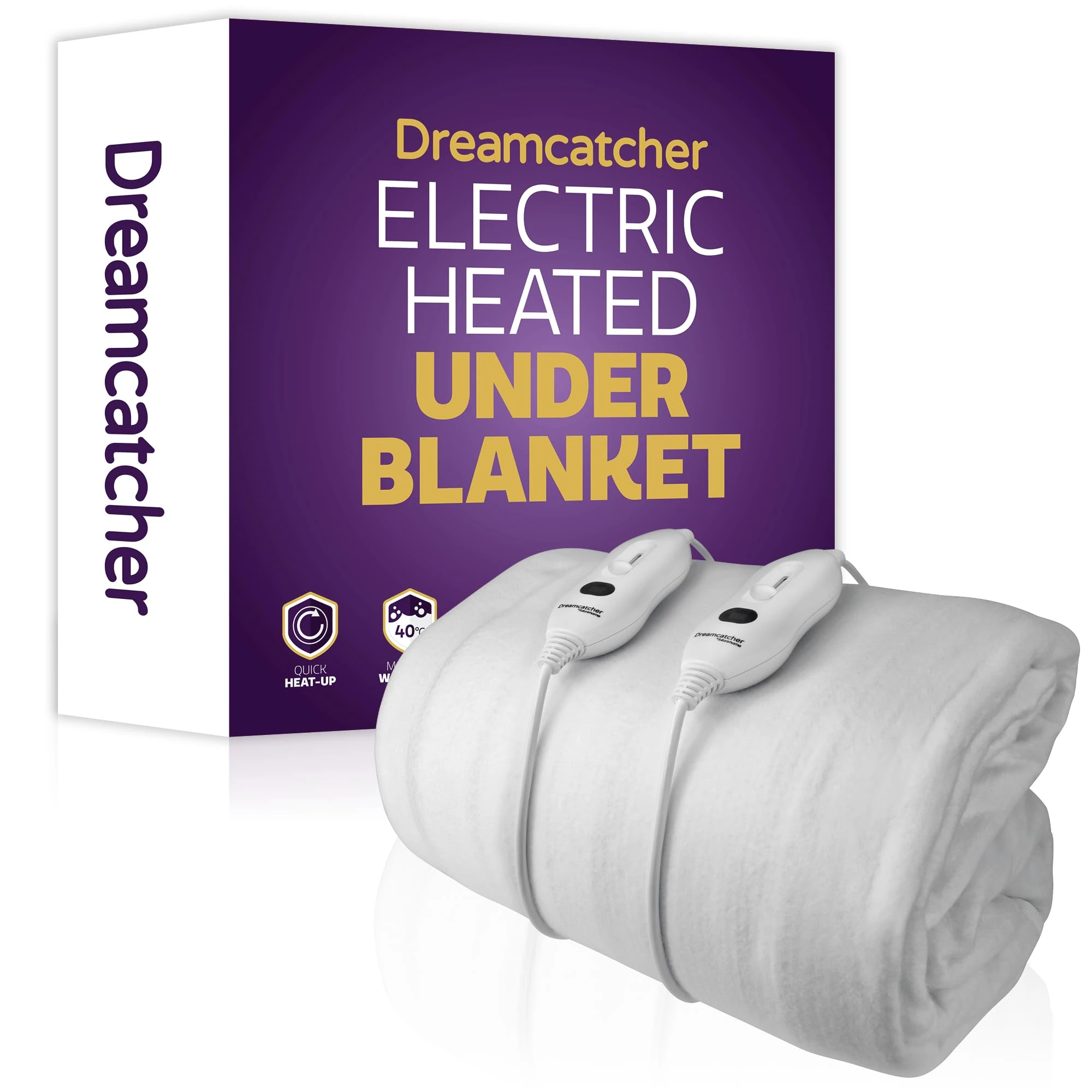 Dreamcatcher Superking Electric Blanket 203x182cm, Fully Fitted Soft Polyester Electric Blanket, Underblanket Mattress Cover, 3x Heat Settings, 2x Controllers and Machine Washable White Heated Blanket