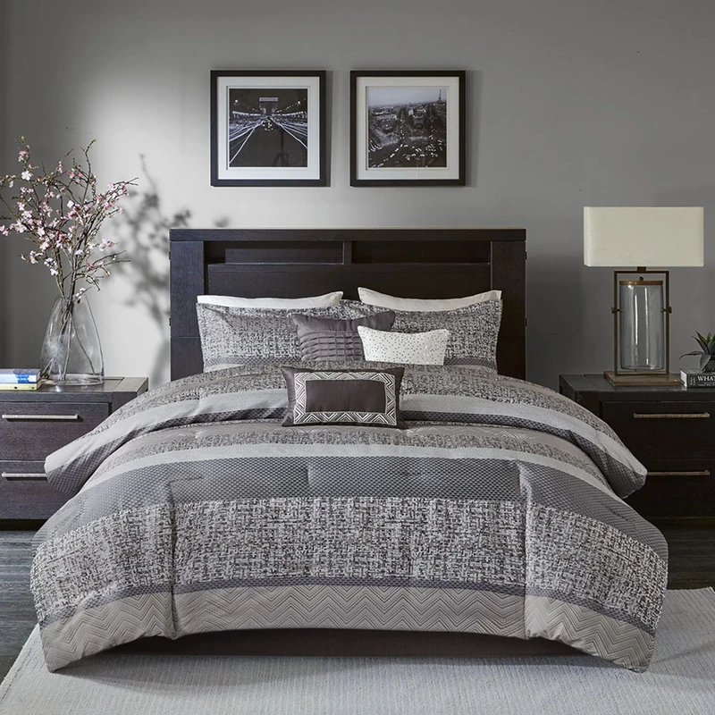 Madison Park All Season Down Alternative Bedding, Matching Bedskirt, Decorative Pillows, Polyester, Striped Grey/Taupe, California-King