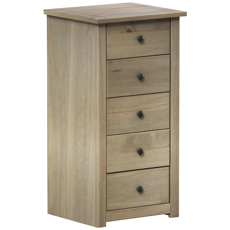 Vida Designs Panama 5 Drawer Narrow Chest In Natural Wax Oak Solid Pine Bedroom Furniture