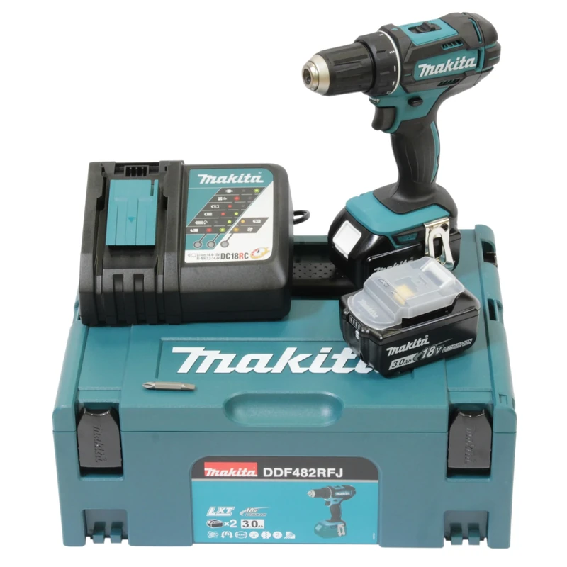 Makita DDF482RFJ Cordless Drill 18 V / 3.0 Ah, 2 Batteries + Charger in MAKPAC Black, Blue