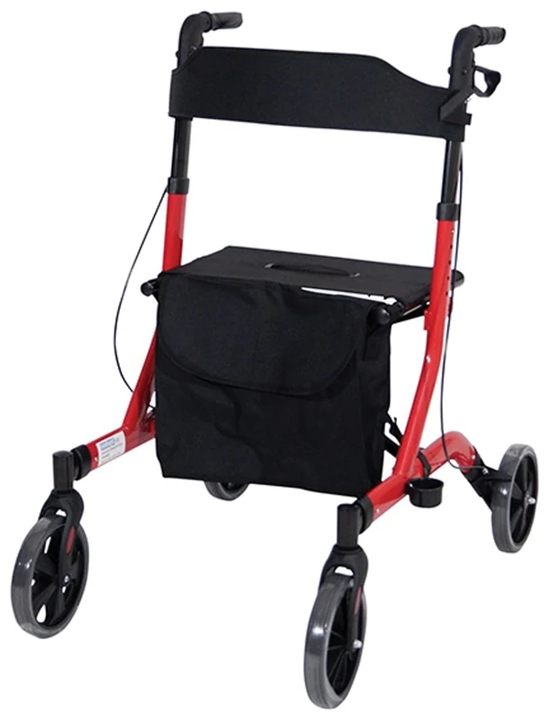 Aidapt Red Grey Folding Light Weight 4 Wheeled Rollator Mobility Aid with Seat, Carry Bag, Lockable Brakes, Walking Stick Holder and Puncture Proof TYRES for Indoor and Outdoor use