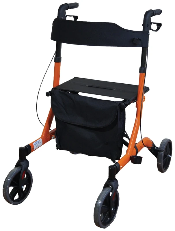 Aidapt Deluxe Orange Folding Light Weight 4 Wheeled Rollator Mobility Aid with Seat, Carry Bag, Lockable Brakes, Walking Stick Holder and Puncture Proof TYRES for Indoor and Outdoor use