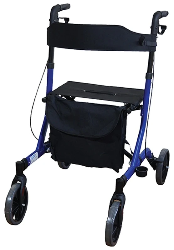 Aidapt Deluxe Blue Folding Light Weight 4 Wheeled Rollator Mobility Aid with Seat, Carry Bag, Lockable Brakes, Walking Stick Holder and Puncture Proof TYRES for Indoor and Outdoor use
